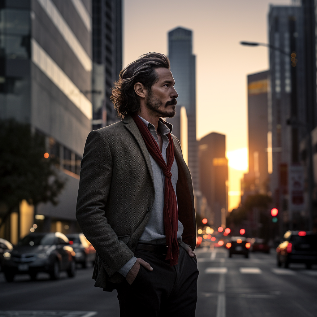 Man Walking on City Street at Sunset