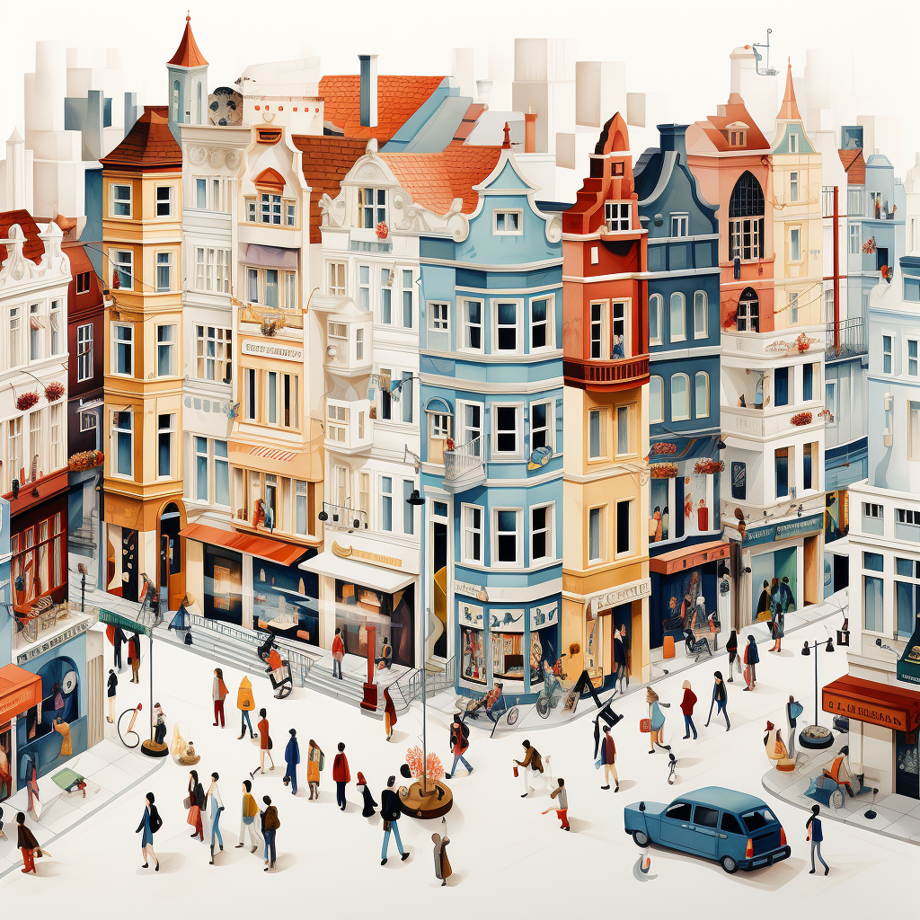 Street scene with people, shops, and restaurants