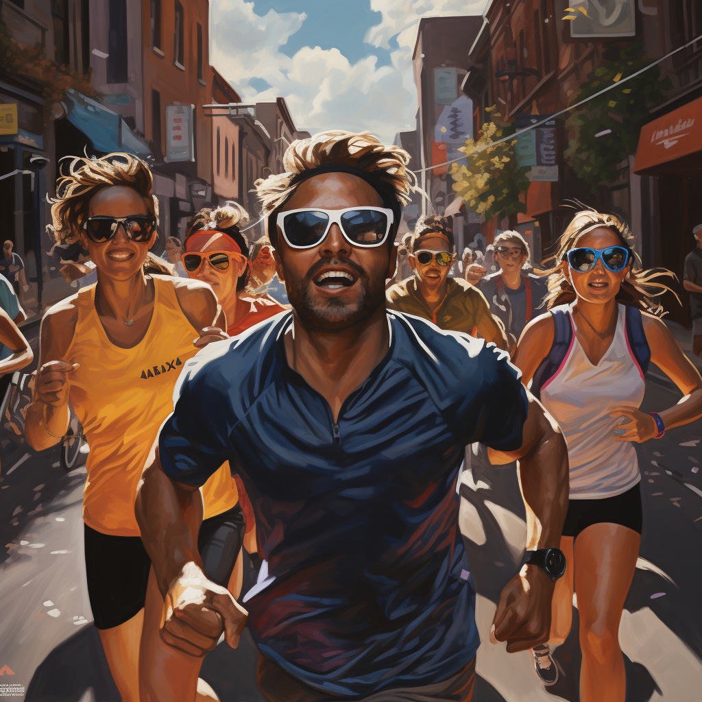 Group of runners wearing sunglasses on city track