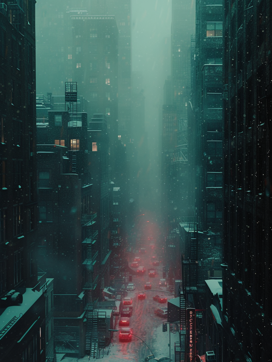 Moody cityscape with atmospheric lighting in the snow