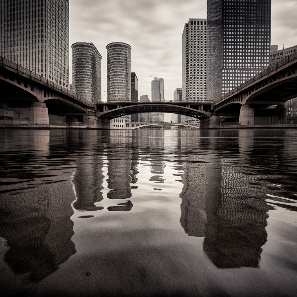 Cityscape waterfront river bridge buildings