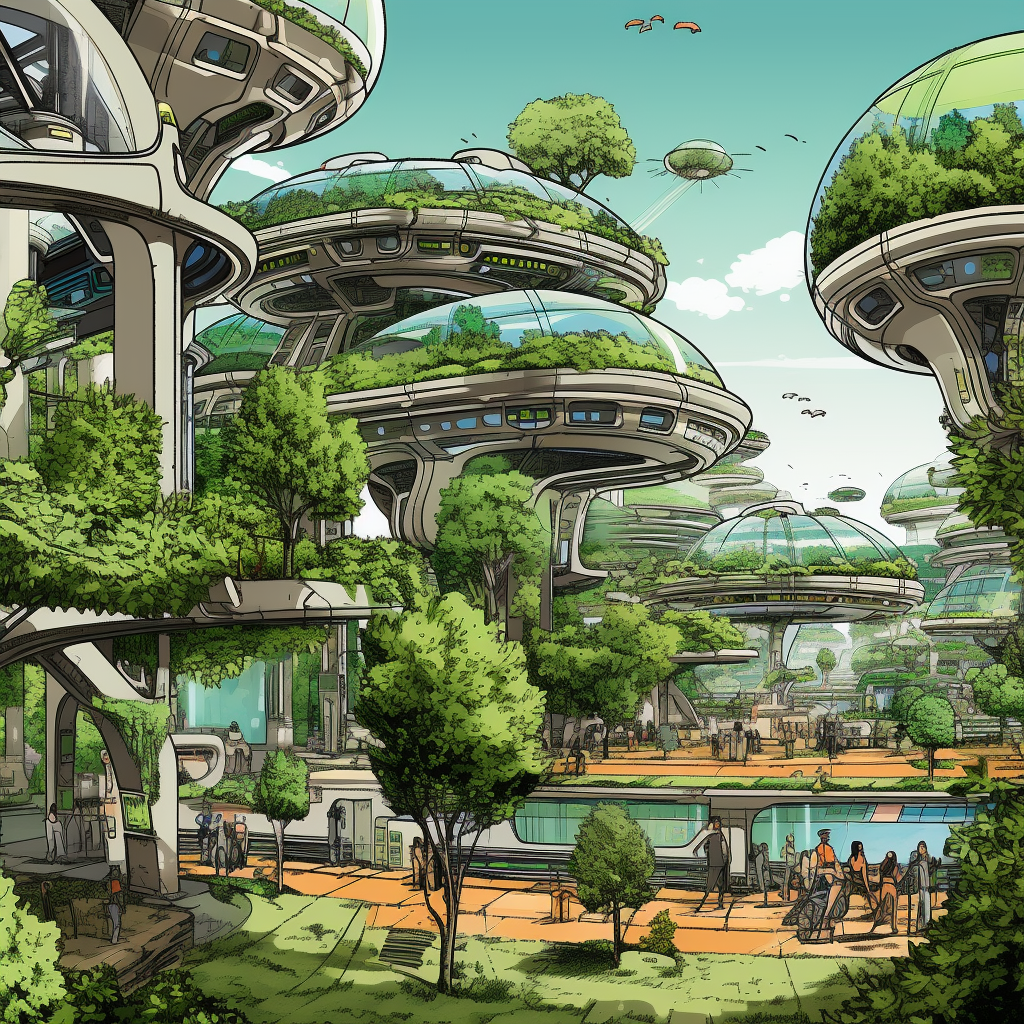 Futuristic cityscape with life pods and trees