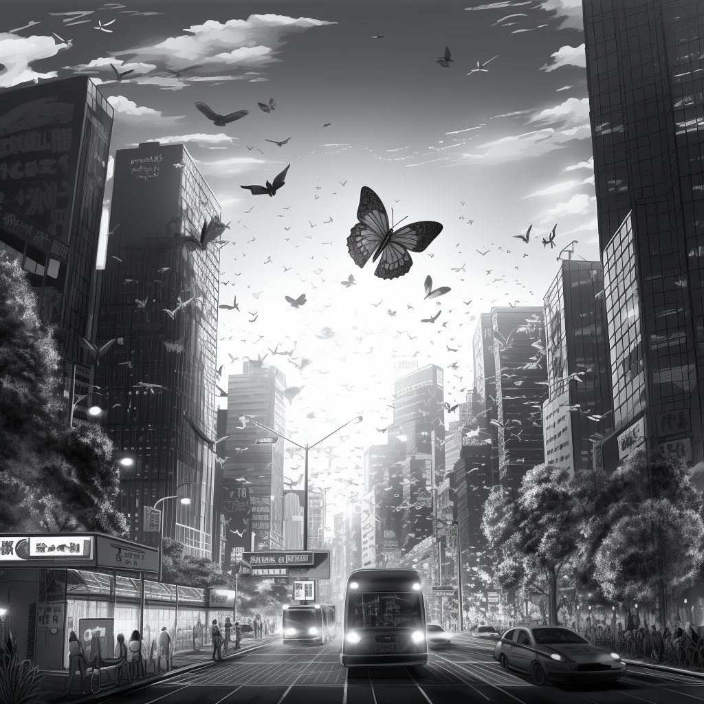 Monochrome cityscape with butterfly in flight