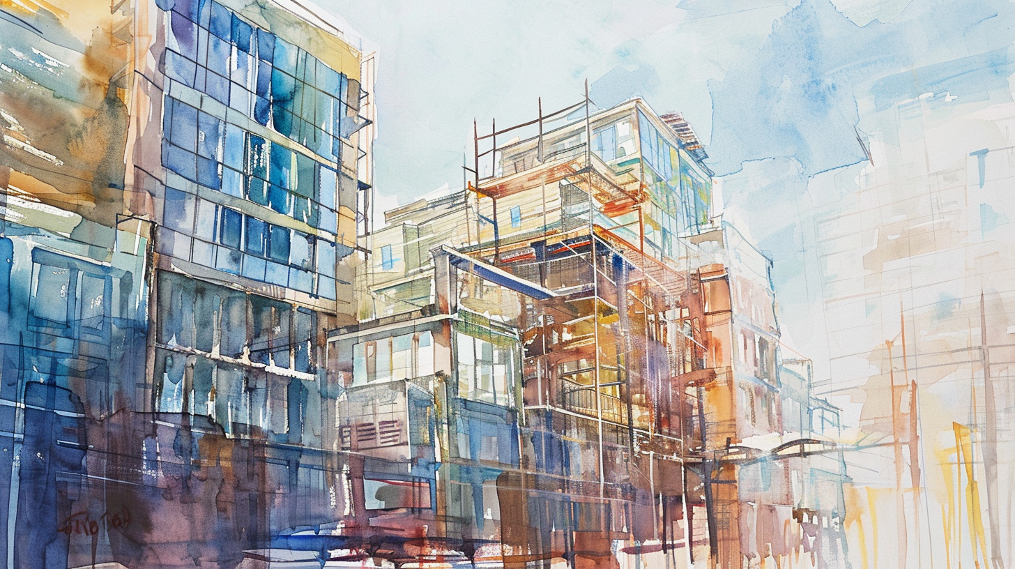 Watercolor cityscape in midst of transformation