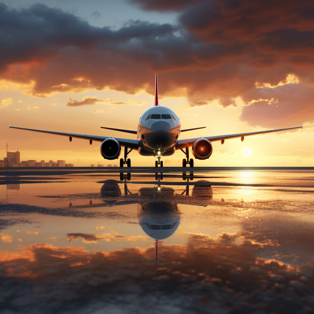 Civil aircraft making a soft landing at sunset