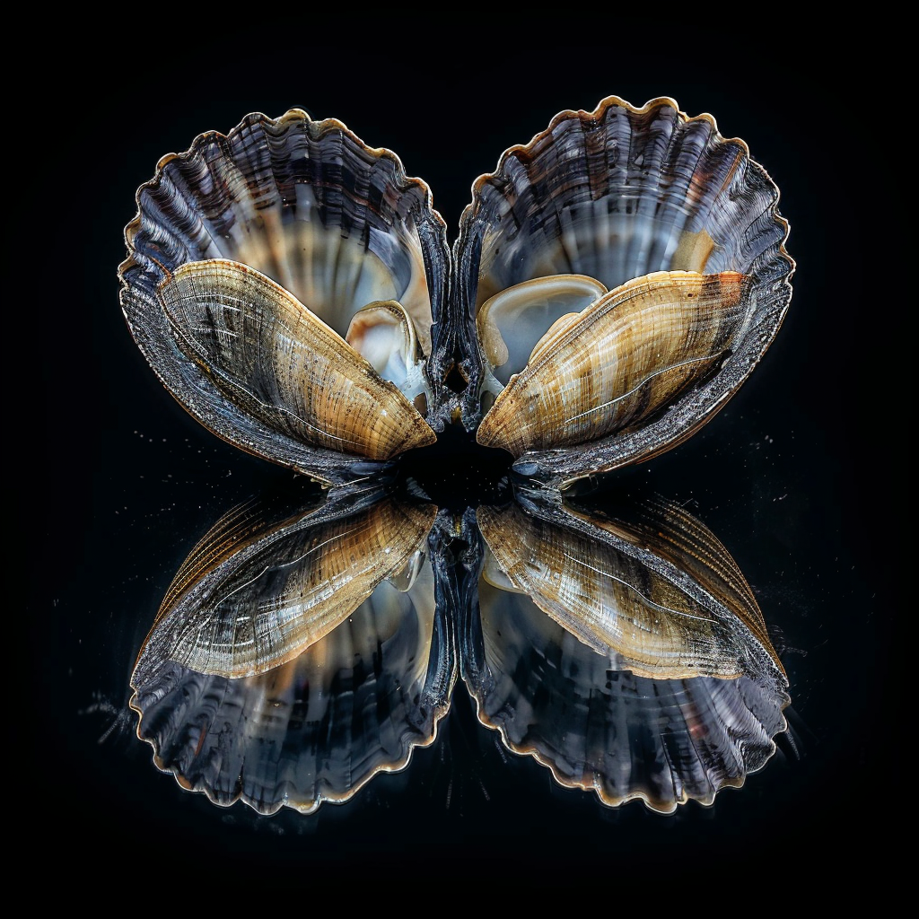 Half open clam on black background