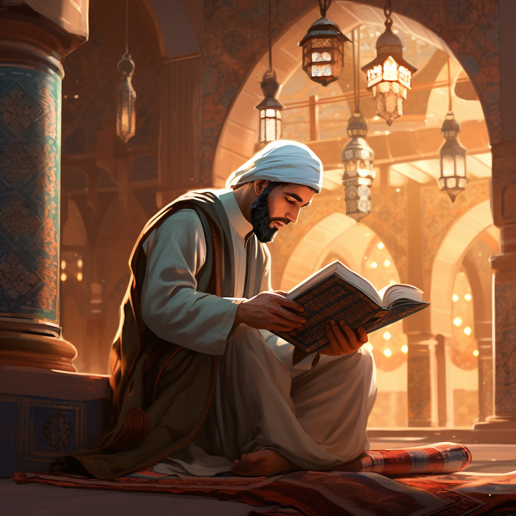 Cartoon of Muslim Man Reading Book at Mosque