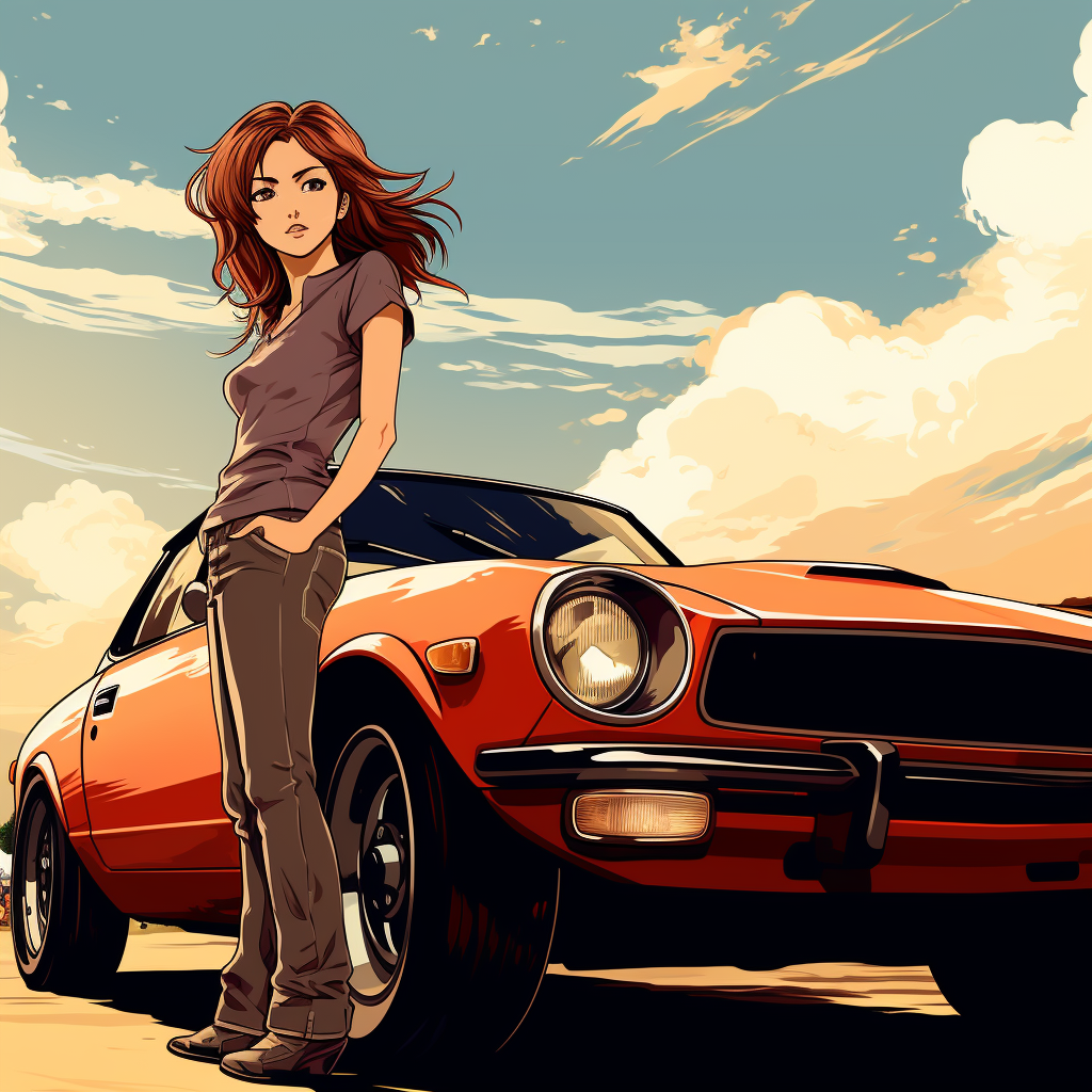 Anime girl with classic Datsun Z car