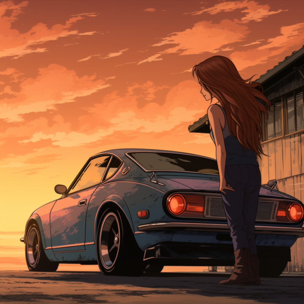 Woman waiting in front of classic Datsun Z car