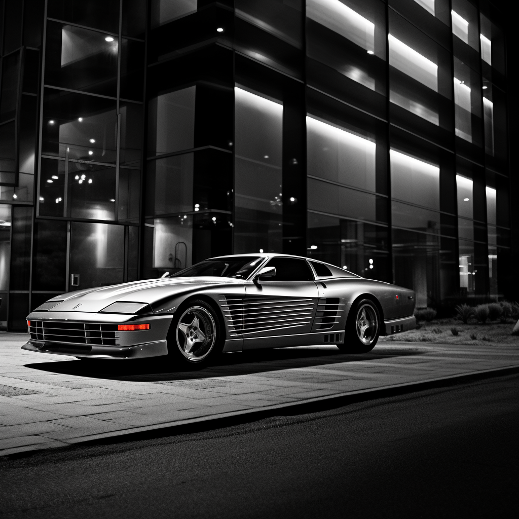 Side view of classic Ferrari Testarossa in front of brutalist building