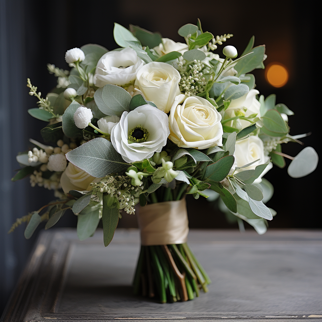 Beautiful white and green Italian wedding bouquet with ranunculus and eucalyptus