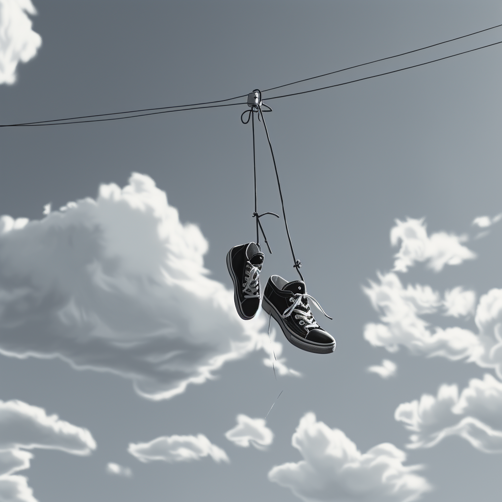 black and white sneakers hanging from telephone wire