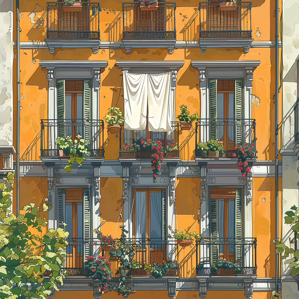 Traditional Madrid Building Balconies Decorated