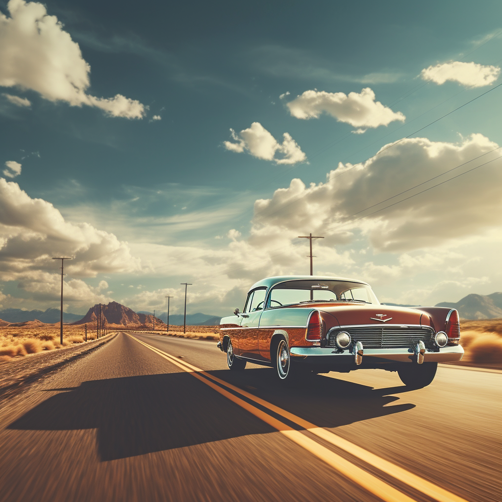 Classic car driving on scenic road