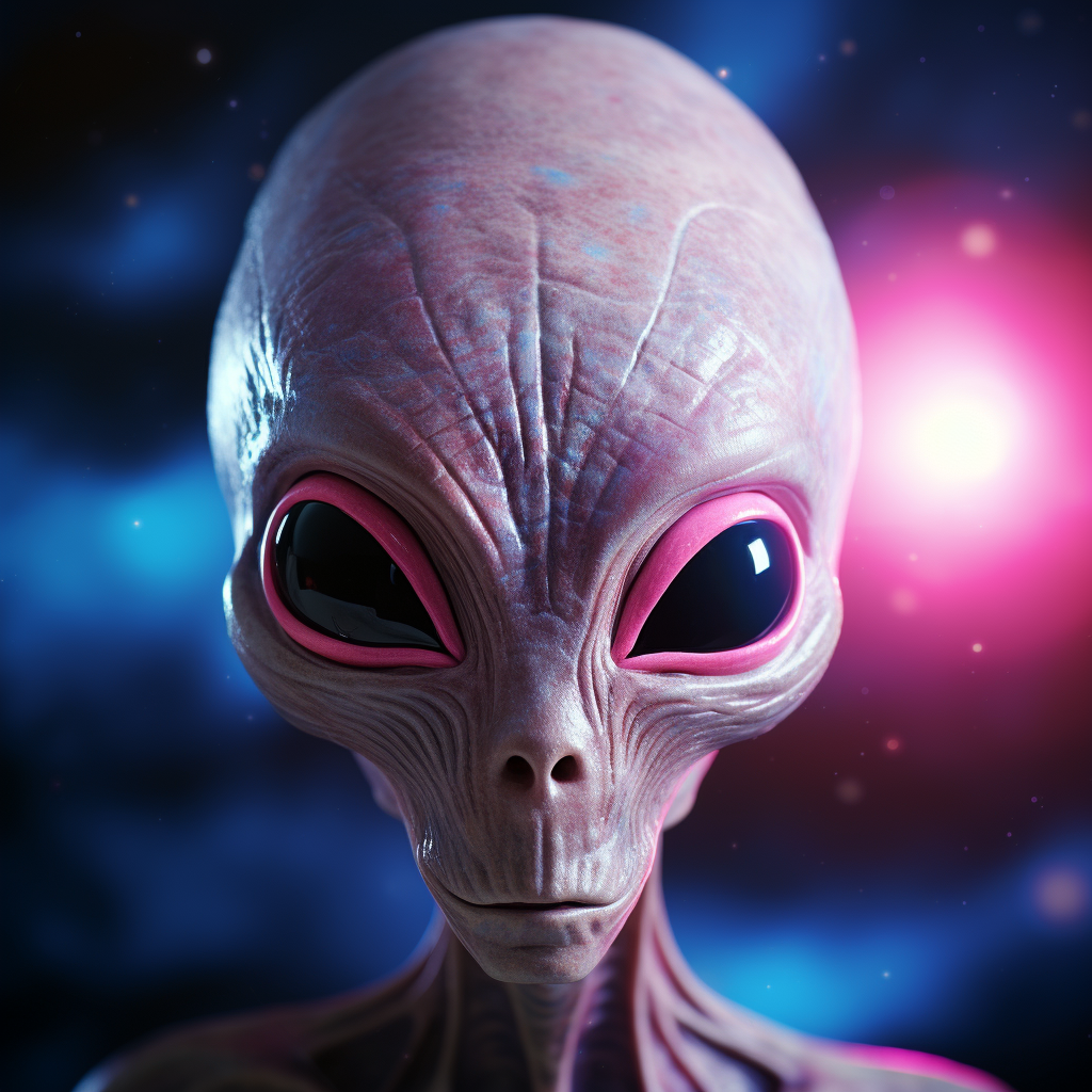 Highly detailed grey alien face with pink glowing eyes