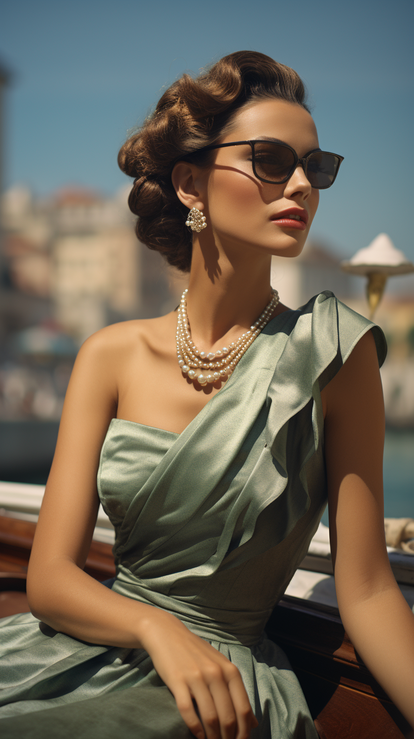 Classic lady in dress on boat