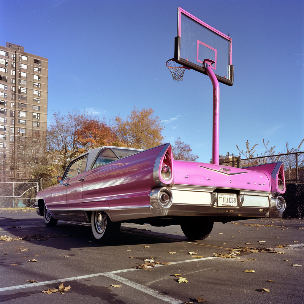 Shiny pink and white classic sedan car