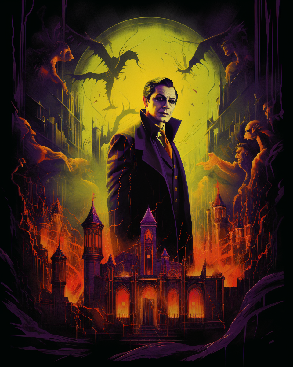 1930 classic vampire in yellow and purple in castle