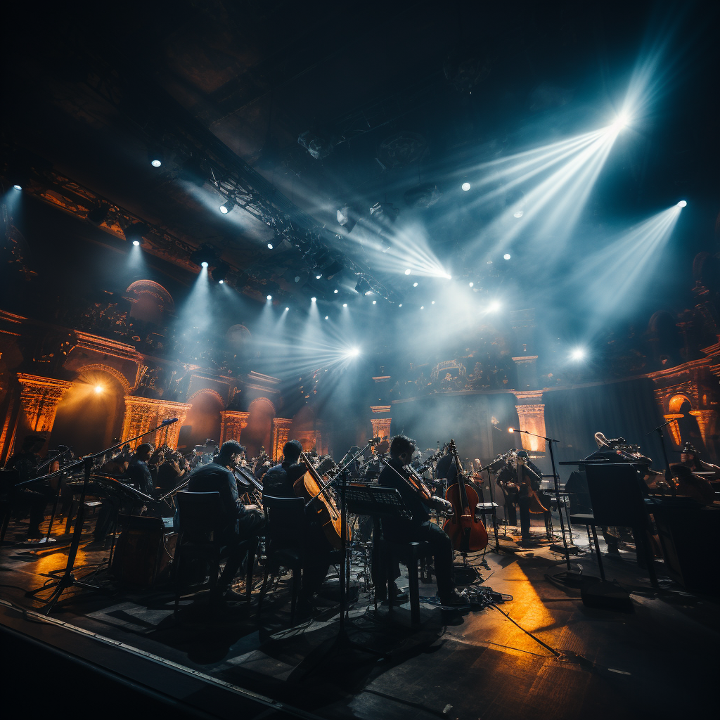 Classical orchestra performing in a cinematic setting