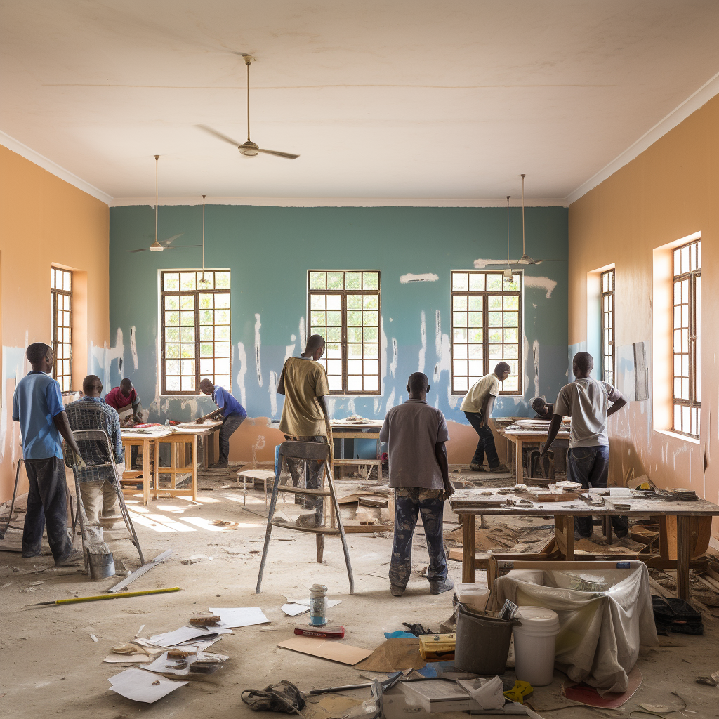 Workers renovating primary school classroom