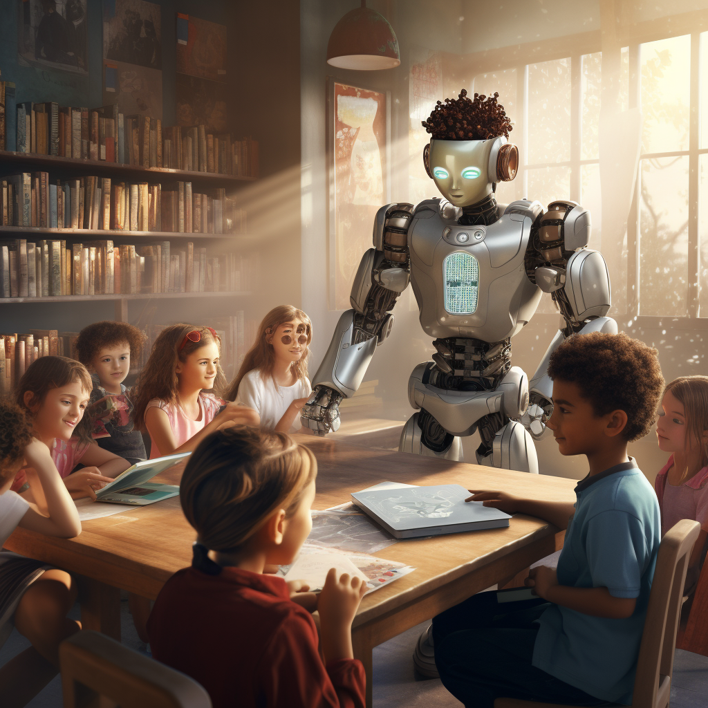 Classroom with friendly robot priest teaching