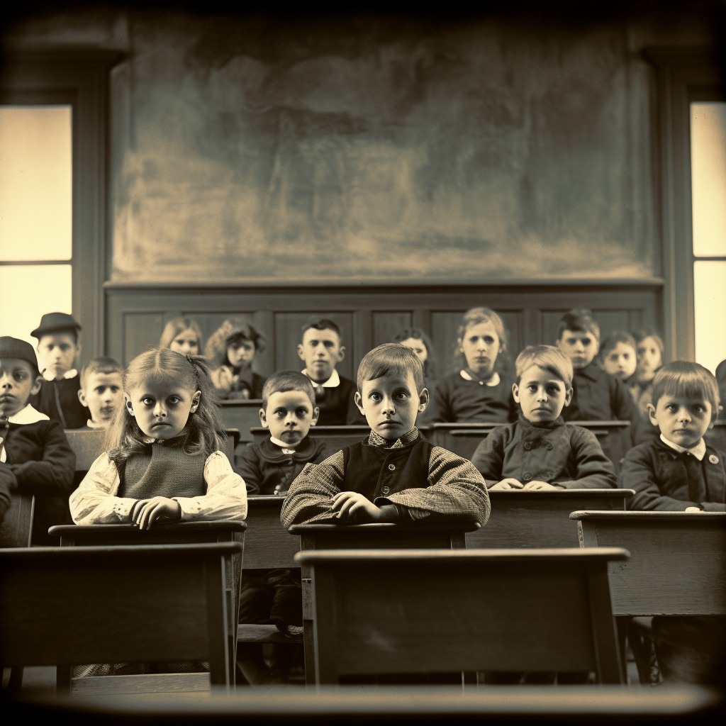 School children in classroom, facing camera