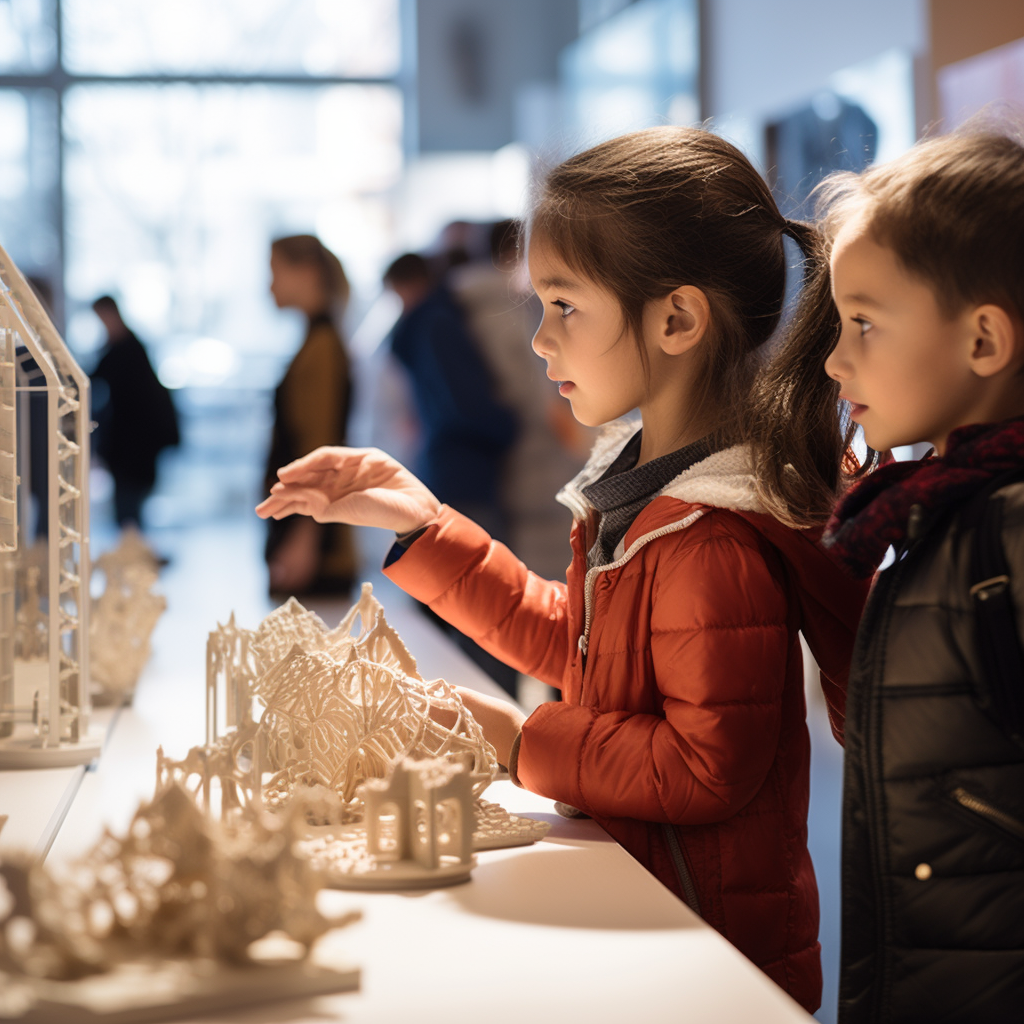 Children observing 3D printed sculptures