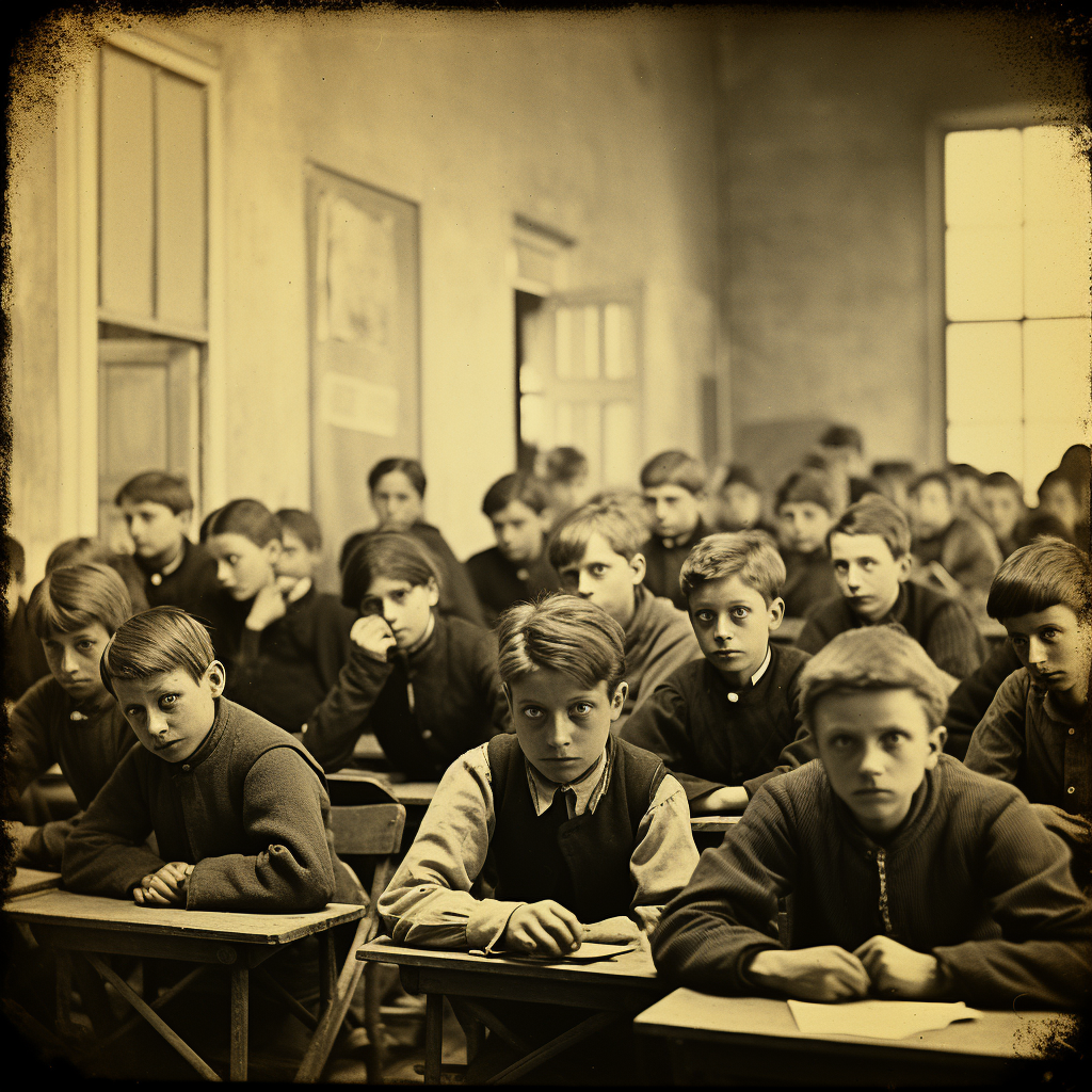 Curious and expressive school children in 1885 classroom