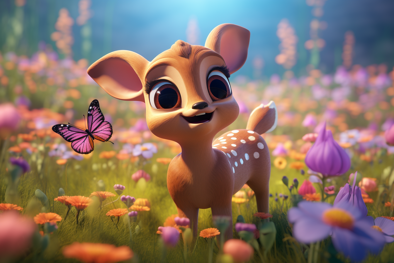 Clay Animation Style Fawn with Butterflies and Flower Field Image