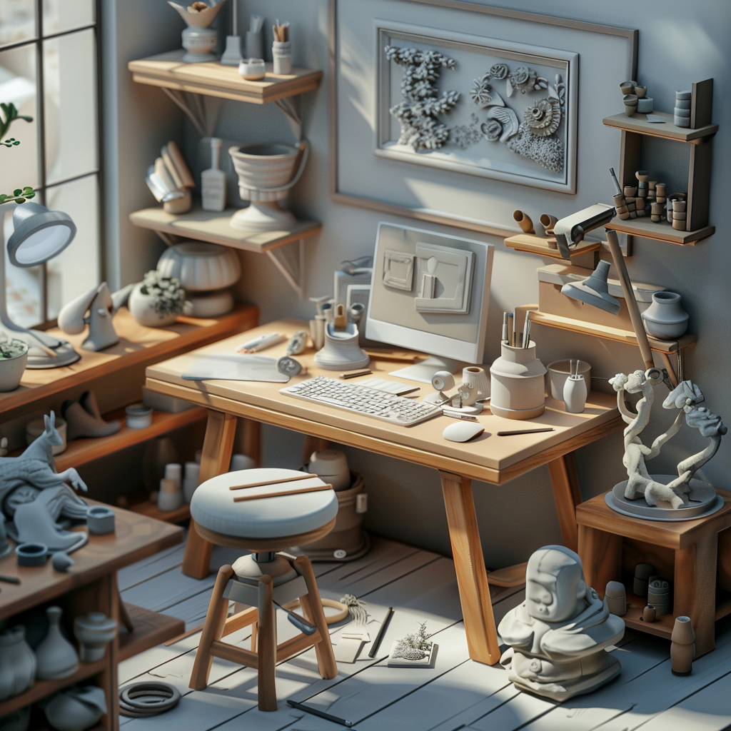 Isometric clay artist workstation view