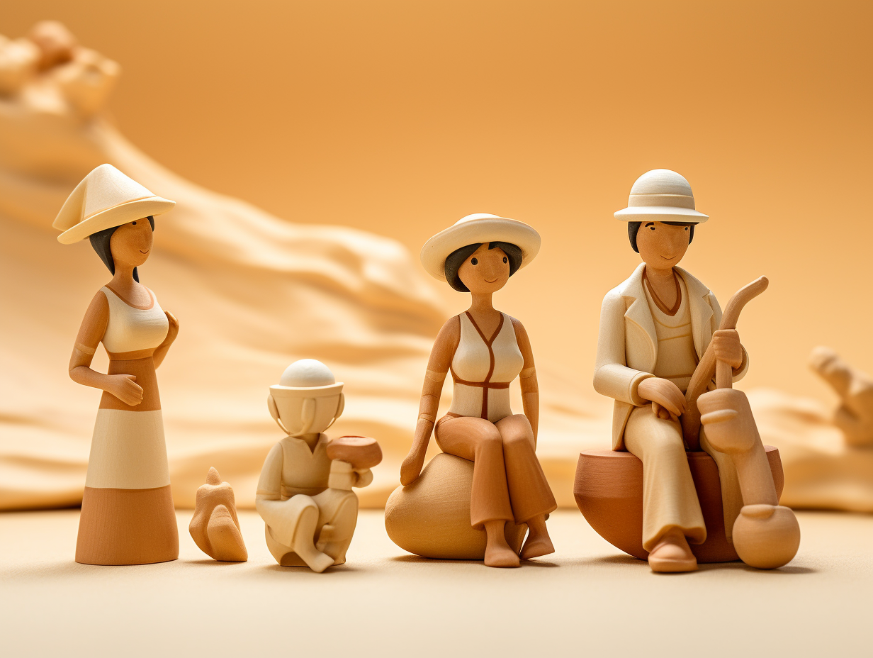 Ancient clay figurines in beige and natural colors