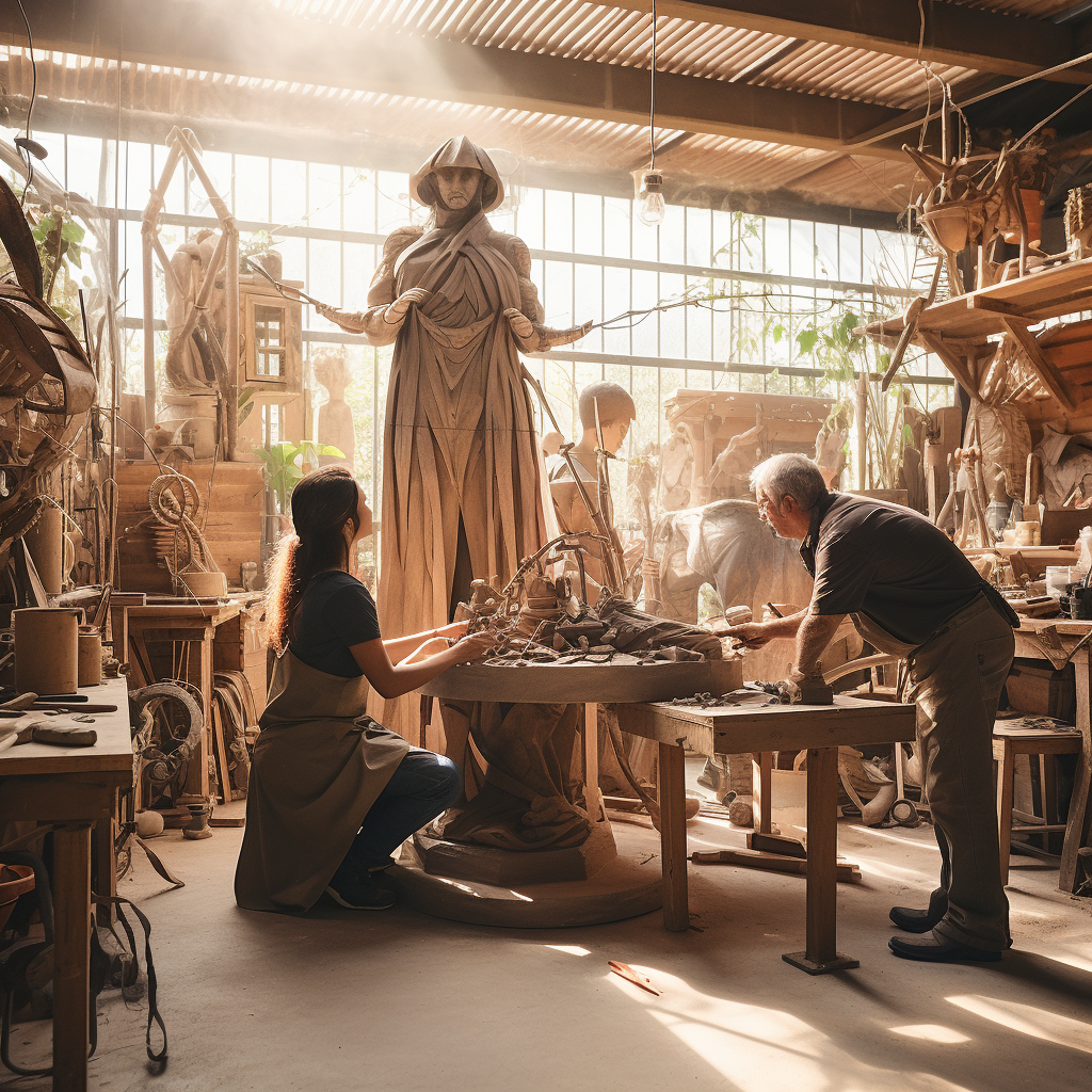 Clay sculptor workshop with woodcarver and metal assembly