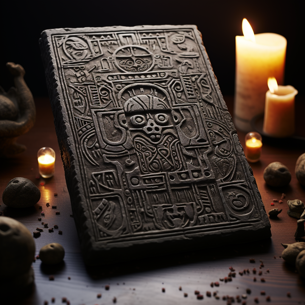 Dark fantasy movie still with clay tablet and ocult symbols