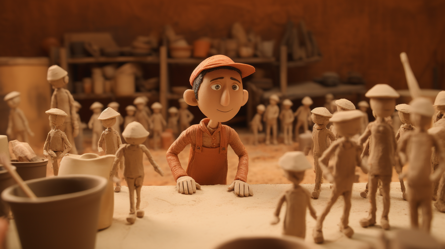 Claymation farmer in brown overalls and sandals