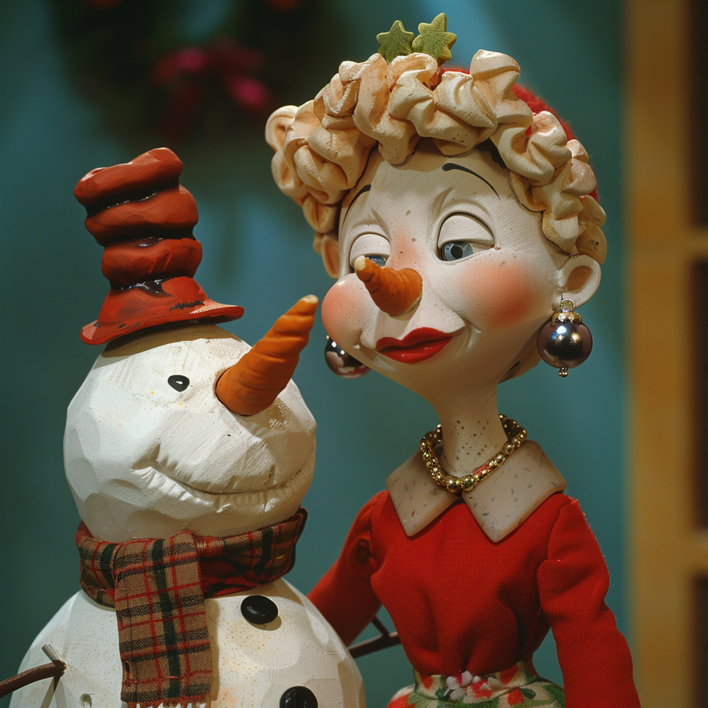 Boy and snowman in Christmas scene