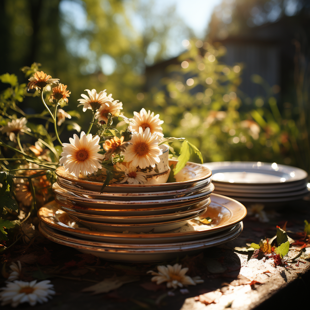 Stack of Clean Dishes with Nature Background