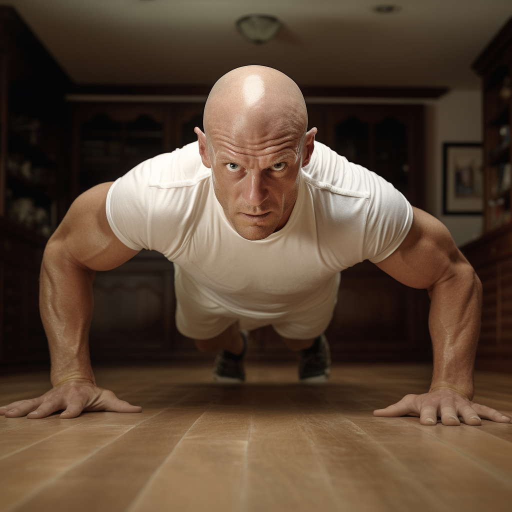 Fit man doing pushups on wood floor