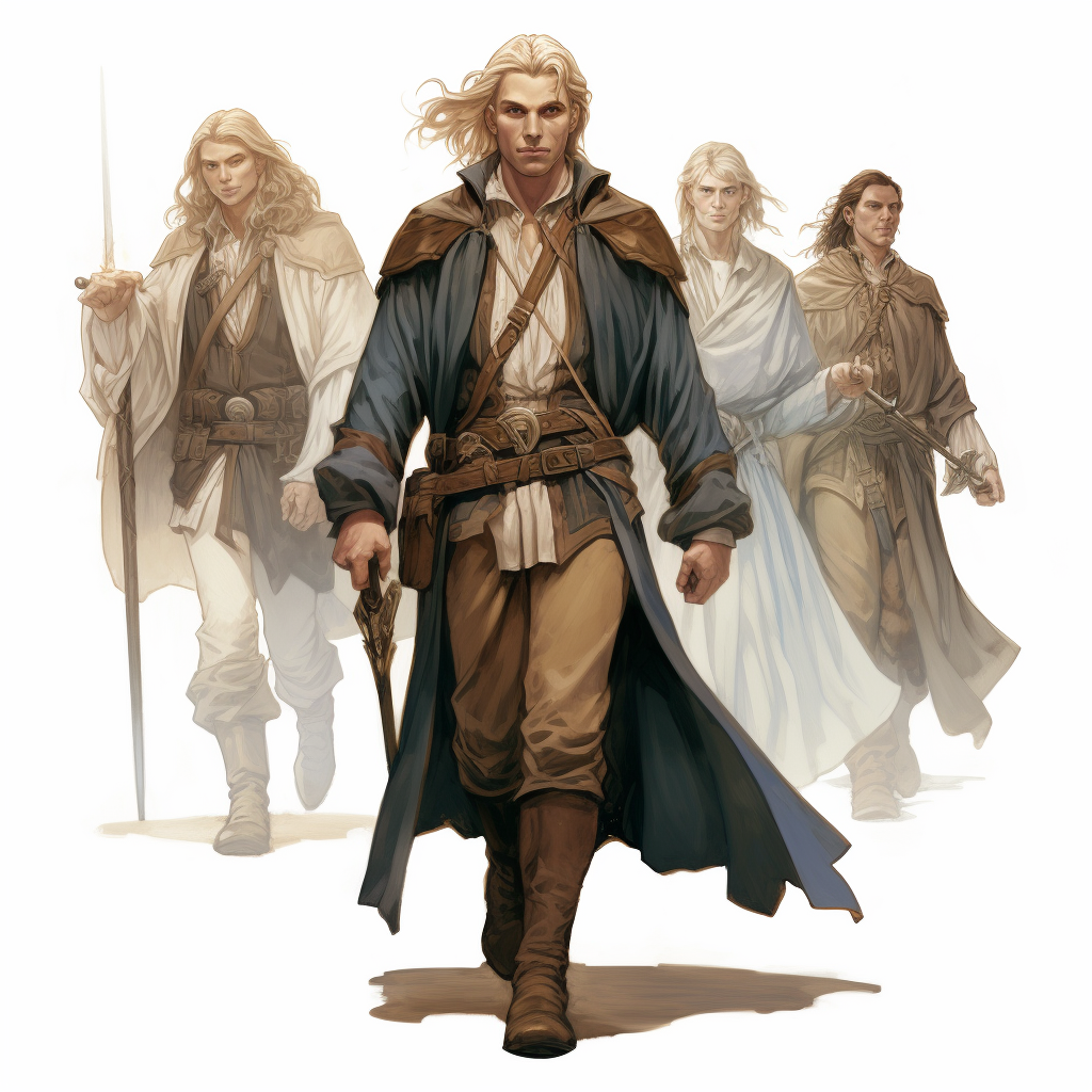 Medium length dirty blonde hair wizard walking with a group