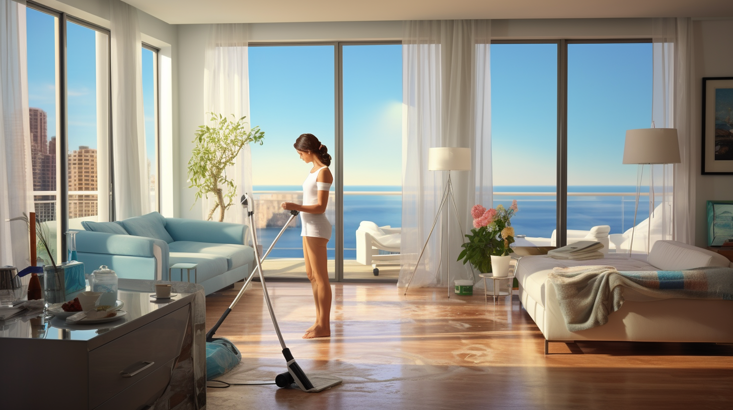 Smiling cleaning lady in beautiful beachfront apartment