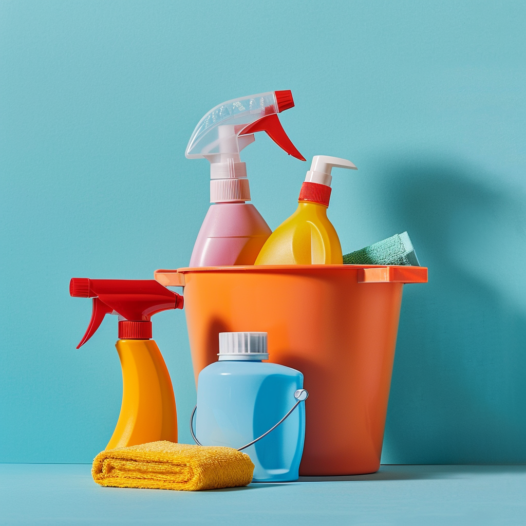 Cleaning products in bucket