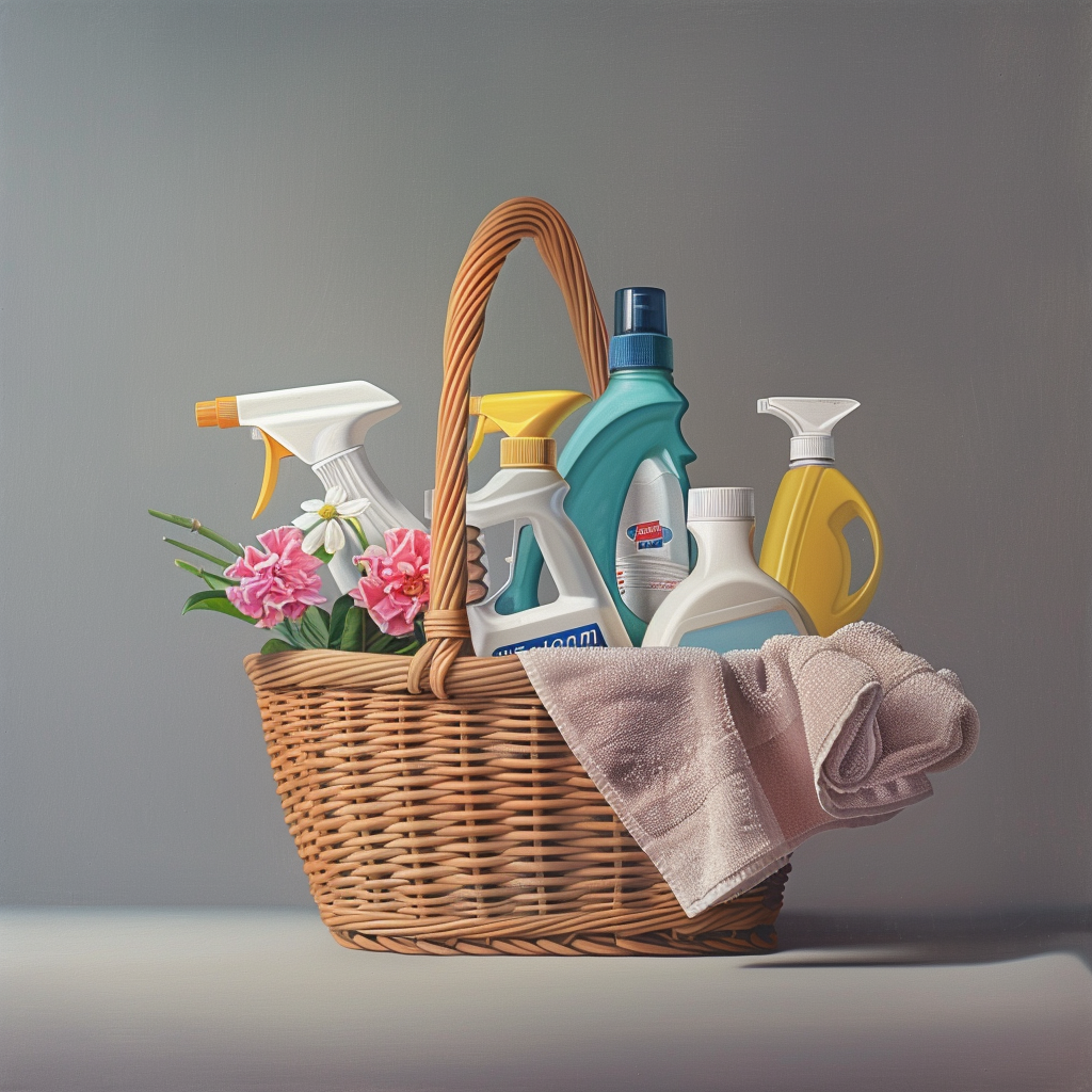 Cleaning products in basket