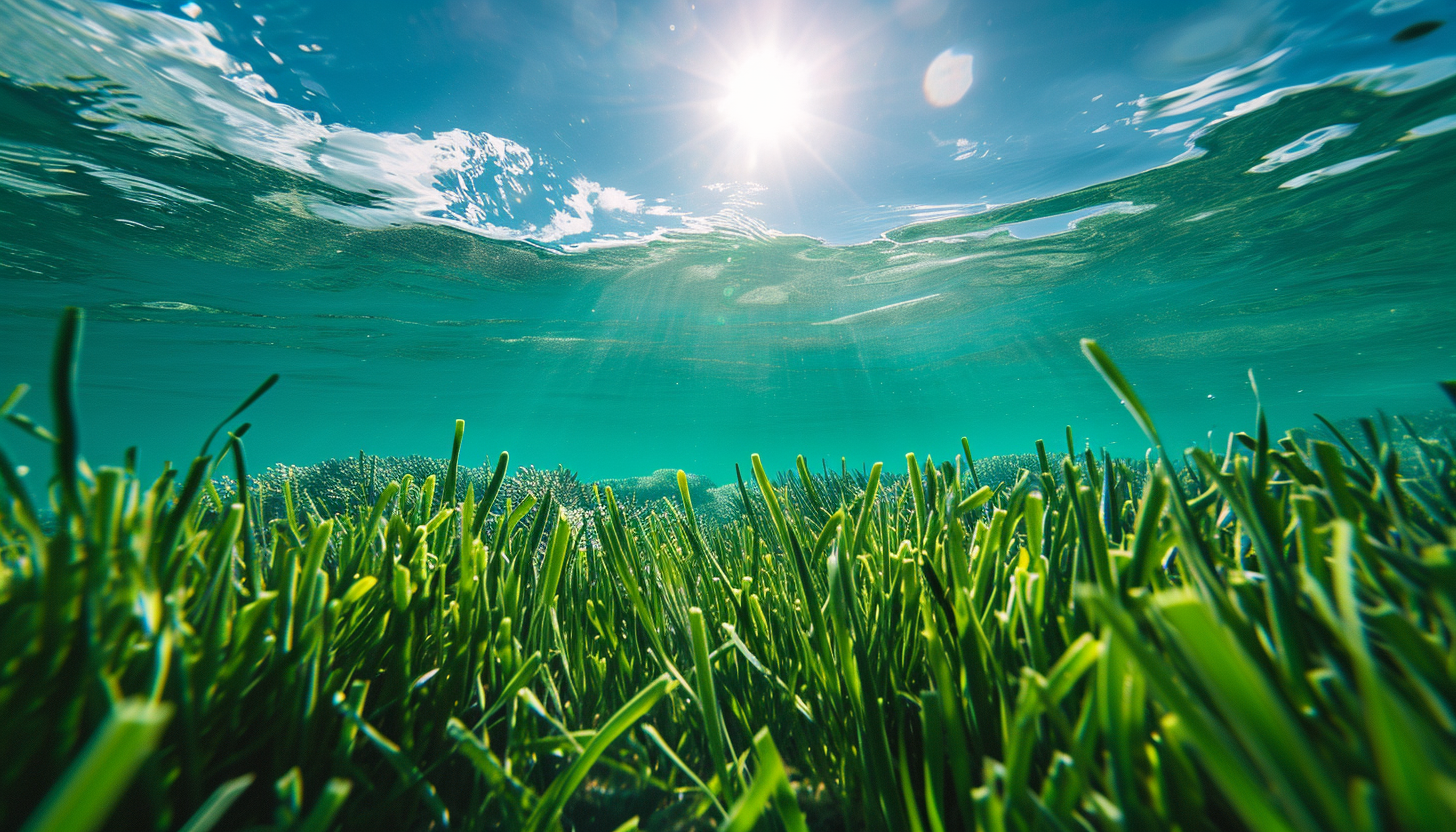 Clear blue underwater shot with grassy field