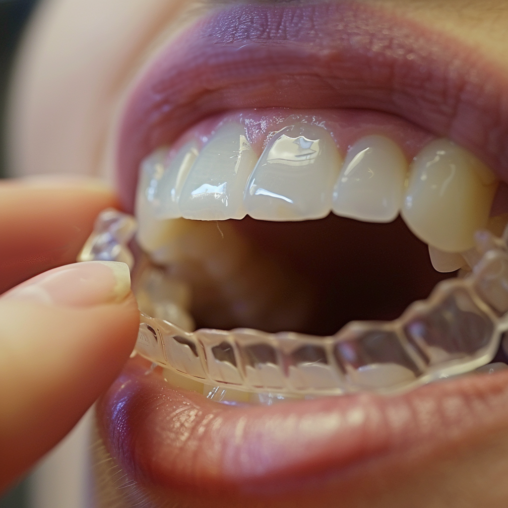 Person placing clear aligner on teeth