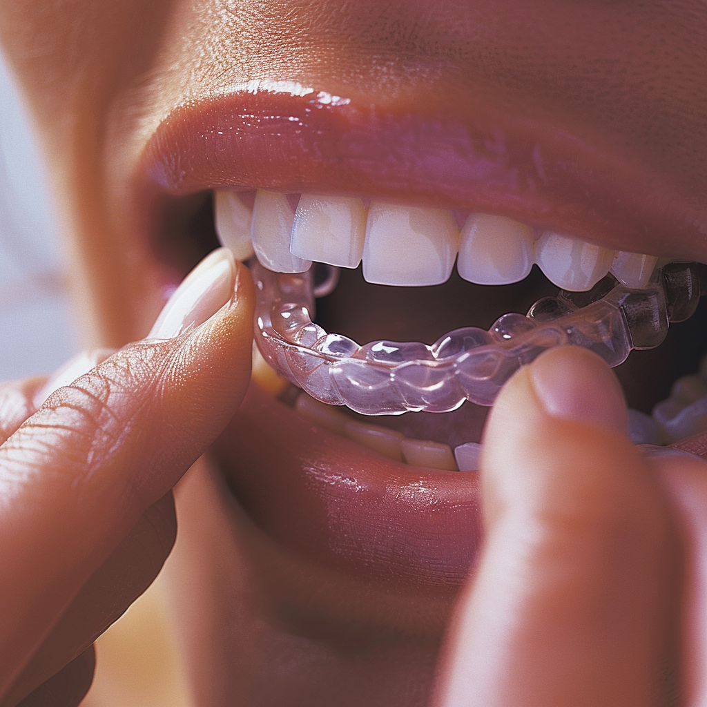 Person inserting clear dental aligner