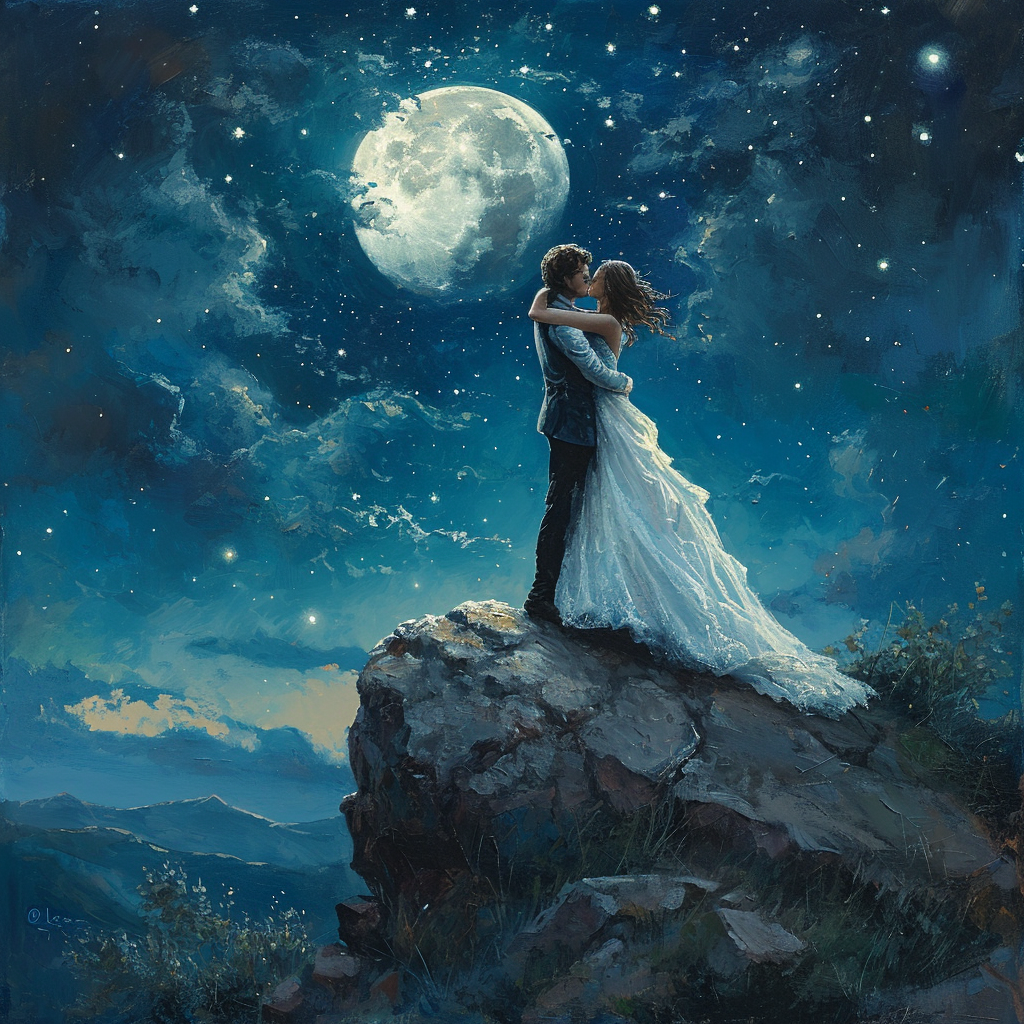 Embracing couple under moonlit sky