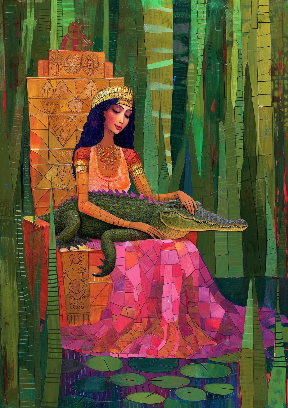 Cleopatra petting crocodile on throne