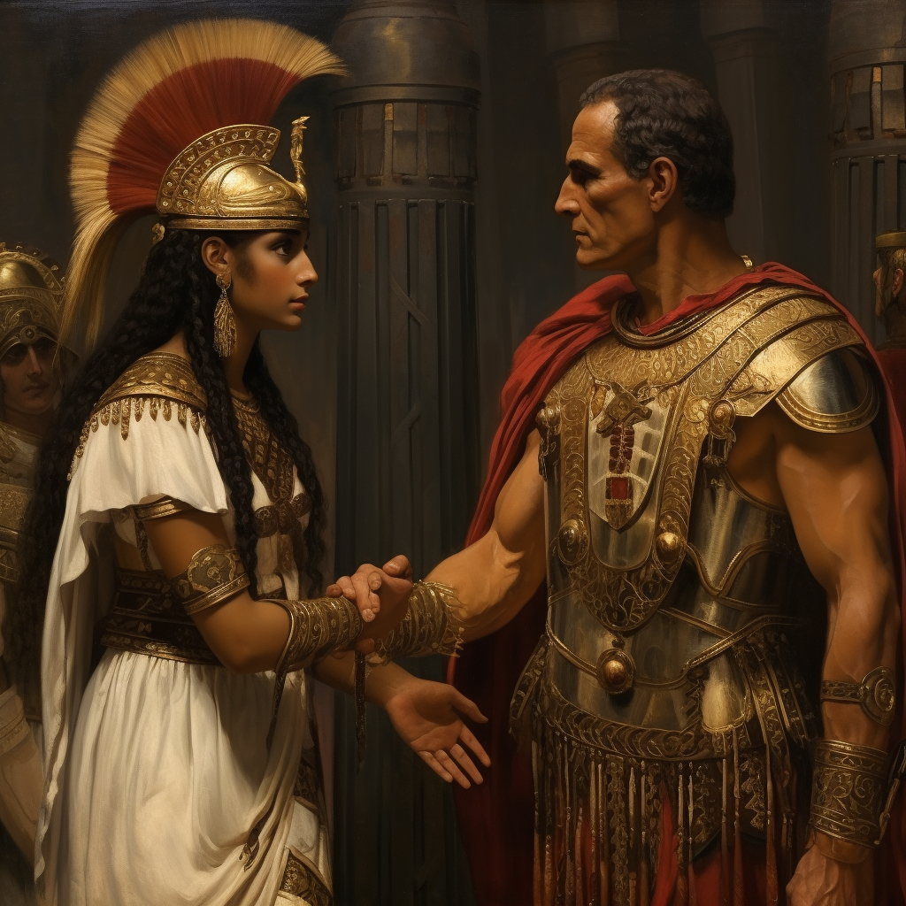 Historical depiction of Cleopatra with Julius Caesar and Mark Antony