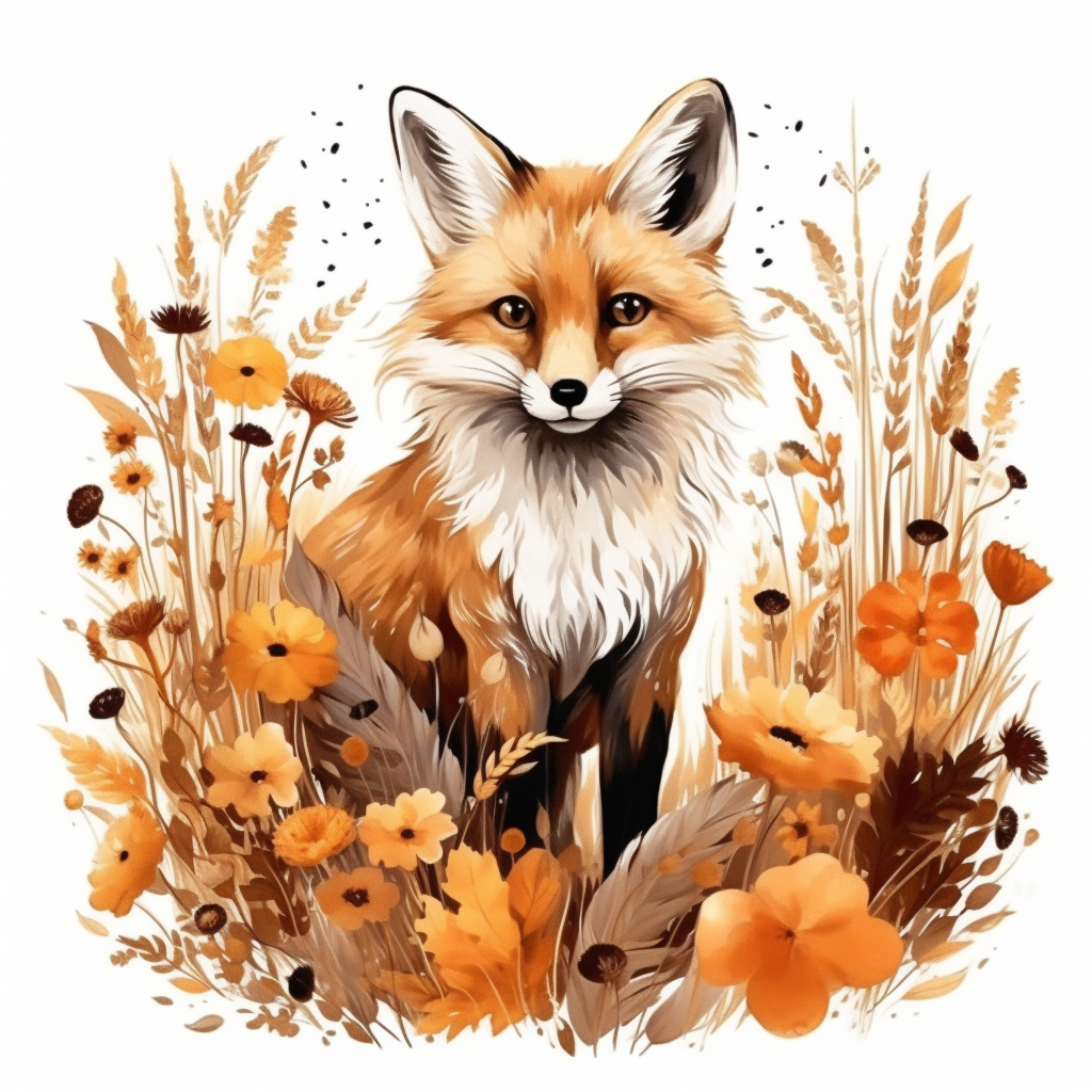 Clever fox with wildflowers and pumpkins