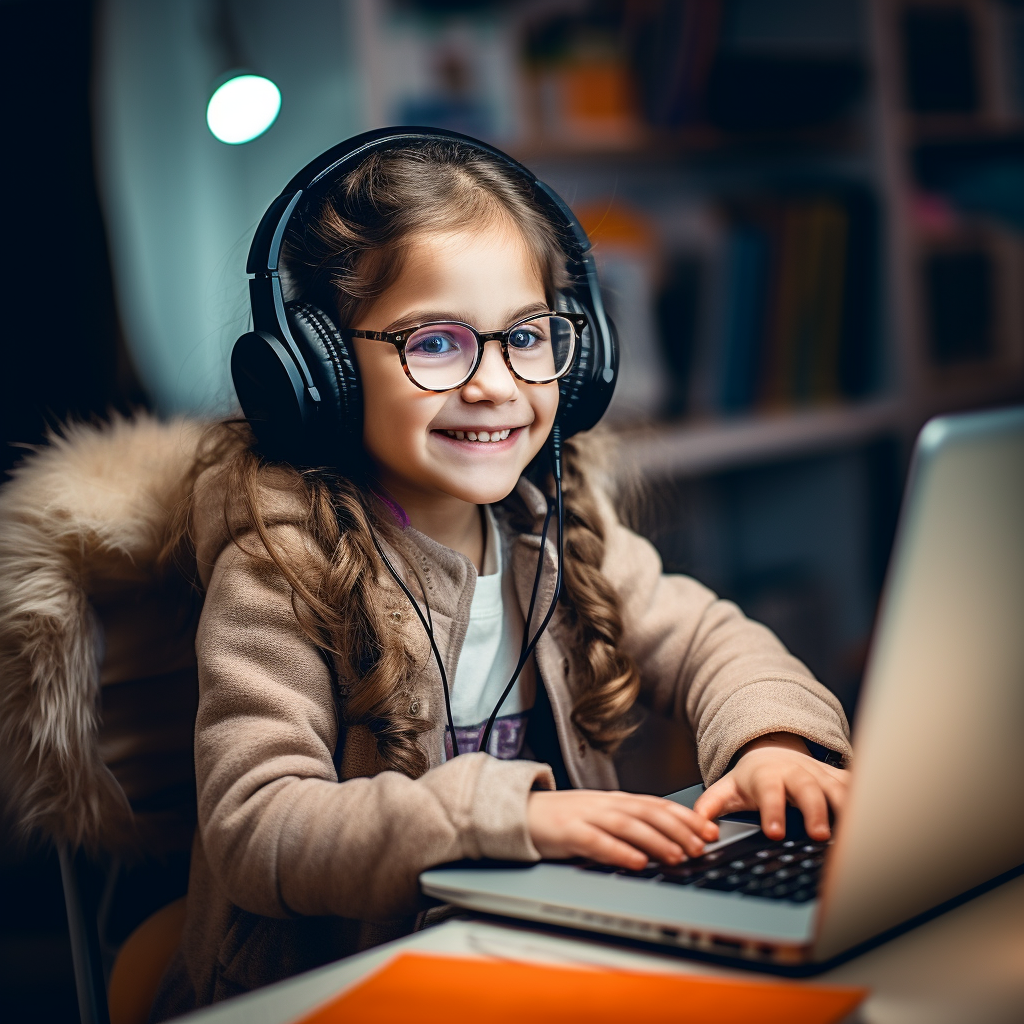 Smiling clever girl with sketchbook, laptop, and headphones