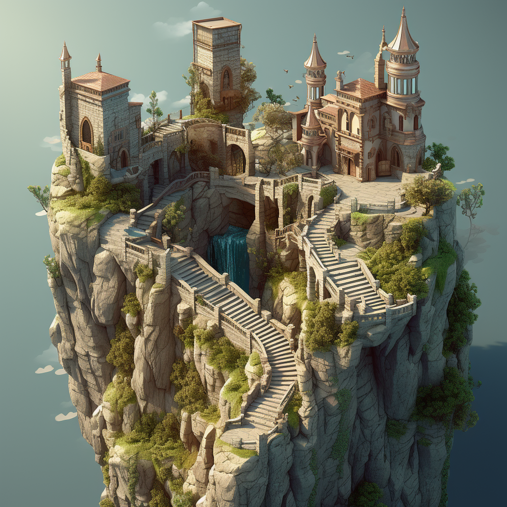 Castle on Steep Cliff Stairs Line Isometry